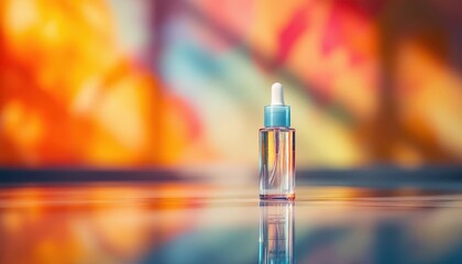 Elegant Serene Reflection of a Beauty Serum Bottle Against a Colorful Background