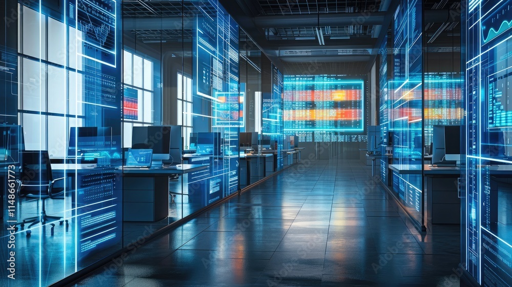 Poster Surreal hologram graphic display. A scene with a transparent hologram graphic display screen on each desk, touch less operation. Trading data is displayed on the hologram graphic display.