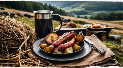 Rustic dining experience in nature with crispy sausages and roasted potatoes on a tranquil hillside