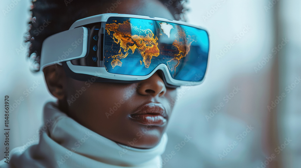 Poster man in white turtleneck wear virtual reality glasses with holographic world map inside and holograph