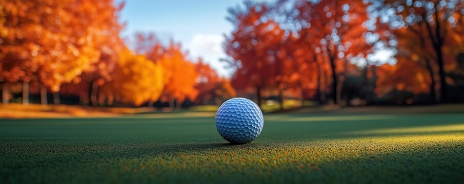 Golf ball rests on autumn golf course green. Colorful trees with fall foliage create tranquil scene. Peaceful atmosphere. Ideal for leisure. Autumn sports. Perfect for golf enthusiasts.