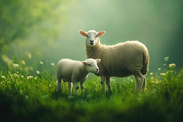 Fototapeta premium A ewe and her lamb stand in a lush green meadow, bathed in soft morning light.