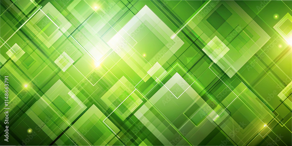 Poster a vivid green background displays an array of geometric shapes in varying sizes, overlapping and lay