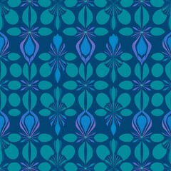 Fototapeta premium Teal and Purple Floral Pattern: A seamless repeat pattern featuring stylized teal and purple flowers on a deep blue background. Perfect for textile design, wallpaper, or surface pattern applications.