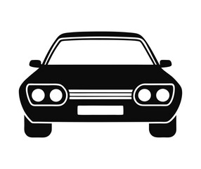 Classic Car Front View Silhouette. Vintage Automobile Icon Design. Retro Old-School Car Black And White Illustration