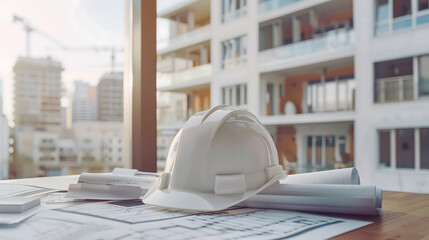 Gros plan sur un casque blanc accompagné de plans techniques architecturaux.