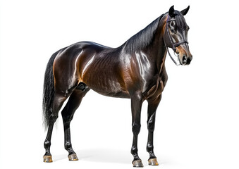 Obraz premium A majestic dark bay horse stands against a white background, showcasing its muscular build and glossy coat.