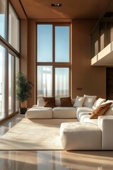 This beautifully designed living room showcases elegant Mocha Mousse tones alongside a spacious and comfortable sofa, while large panoramic windows allow abundant natural light to fill the space