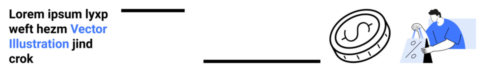 Person in blue presenting data with graphs, coin with dollar sign, and placeholder text with blue highlight. Ideal for business, finance, investment, presentations, data analytics, economics