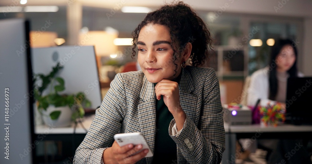 Poster thinking, phone and online with business woman in office for overtime, client communication and rese