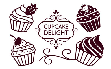 Elegant cupcake-themed logo featuring four intricately designed cupcakes surrounding the text 'Cupcake Delight' in a decorative frame. Ideal for bakery branding and confectionery businesses.