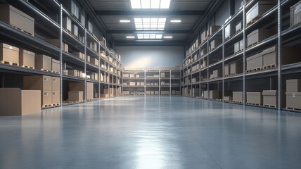 Efficient storage solution rows of metal shelving in a large quiet warehouse environment for optimal organization