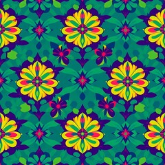 Fototapeta premium Vibrant Floral Tile Pattern: A seamless pattern of vibrant, stylized flowers in shades of yellow, red, green, and purple against a rich turquoise background. The intricate.