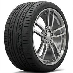 Close-up of a car tire mounted on a silver alloy wheel with a multi-spoke design.