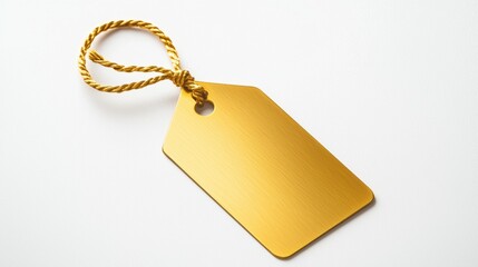 Fototapeta premium Golden metal tag with string on white background for labeling