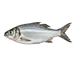 Obraz premium Close-up of a shiny silver fish with large eyes and a forked tail on a white background.