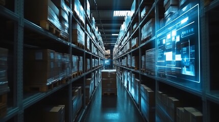 A warehouse interior with shelves full of boxes and digital interface elements.