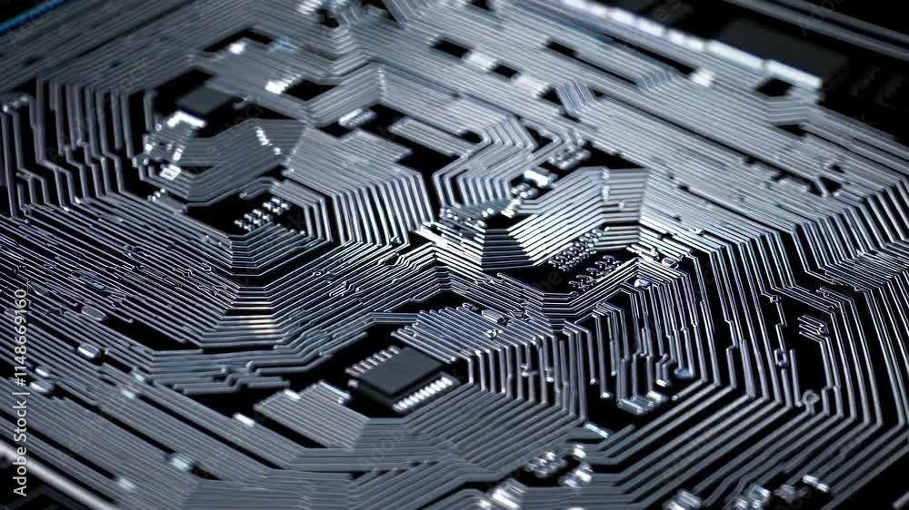 Poster exploring intricate patterns on an electronic circuit board in a close-up view