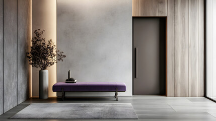 Modern entryway featuring sleek purple bench, neutral tones, and minimalist decor