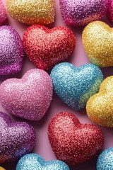 Fototapeta premium Artistic decor with colorful glitter hearts a love concept