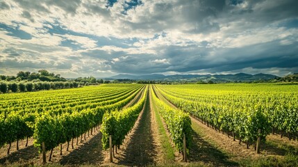 Naklejka premium Lush vineyard rows under a dramatic sky.