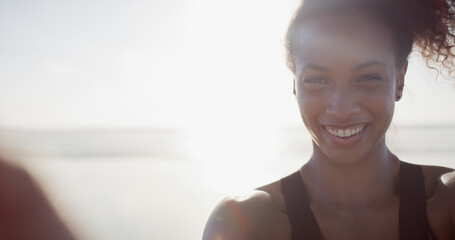 Fitness, woman or portrait on beach for selfie, social media update or streaming at mockup space. Girl, runner or smile at ocean for photography, wellness blog post or sport influencer in Puerto Rico