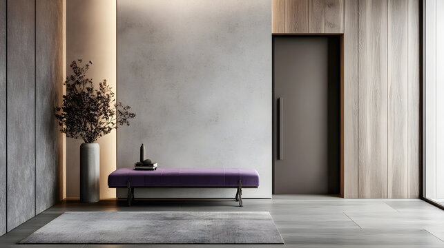 Modern entryway featuring sleek purple bench, neutral tones, and minimalist decor