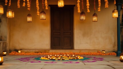 Outdoor veranda decorated for Diwali. Colorful lanterns, diyas illuminate space. Marigold garlands hang overhead. Vibrant rangoli patterns decorate floor. Beautiful scene perfect for festive