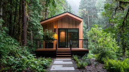 Modern wooden cabin in lush forest setting.