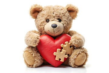 Obraz premium Lovable Teddy Bear Featuring a Heart of Puzzle Pieces On White Background