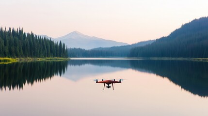 Drones support eco-friendly water monitoring. Drone flying over a serene lake surrounded by mountains and trees.