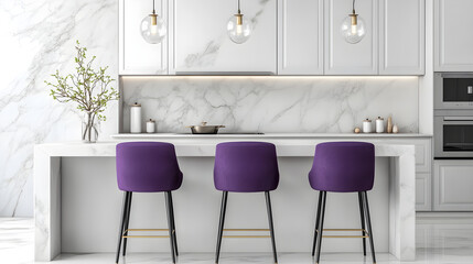 Sleek white kitchen island with purple barstools and modern decor