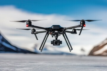 Naklejka premium Drones support eco-friendly water monitoring. Drone flying over a snowy landscape with mountains in the background