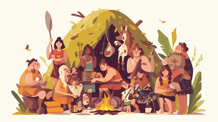 Naklejka premium Stone Age Family with Fireplace, Food, and Home Vector Illustration