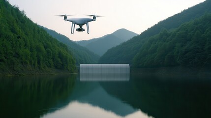 Drones support eco-friendly water monitoring. Drone flying over a tranquil lake surrounded by mountains.