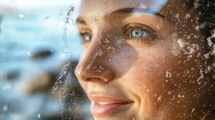 Close-up of a woman's radiant face, illuminated by soft light, with water droplets on glass, exuding a serene vibe.