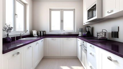 Minimalist kitchen with purple countertop and modern appliances, bright space