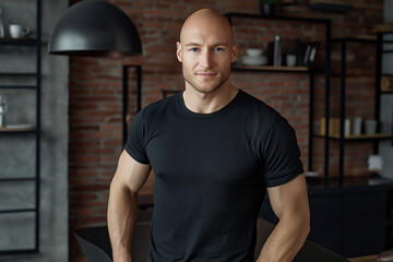 Fototapeta premium Bald man with striking blue eyes and a confident smile wearing a black t-shirt and jeans in a loft-style apartment.