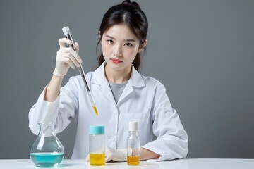 Fototapeta premium Asian female young scientist conducting lab experiment with test tubes and beakers