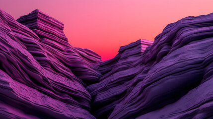 Vibrant purple canyon with layered cliffs under colorful sunset sky