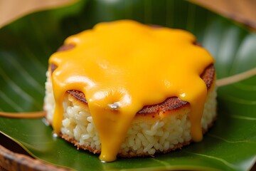 Melted cheese topped rice cake on banana leaf,  bibingka