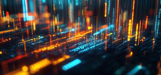 Abstract digital visualization with glowing data streams and binary elements.