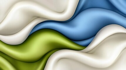 Abstract Wavy Silk Fabric in White, Green, and Blue Tones