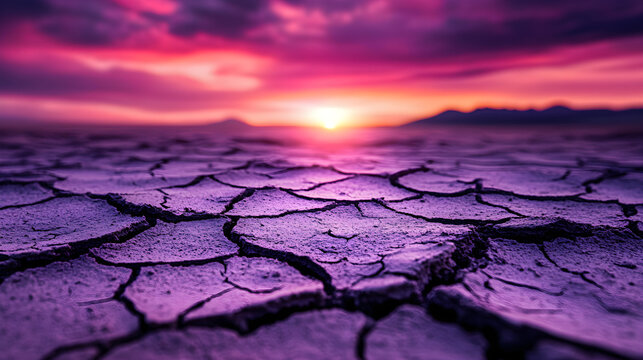 Surreal purple desert landscape with cracked earth at sunset
