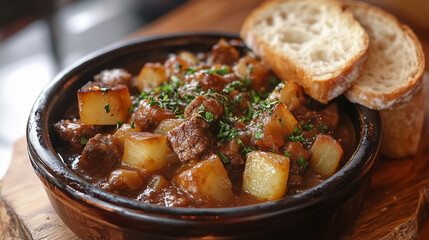 Irish stew with bread slices in rustic bowl