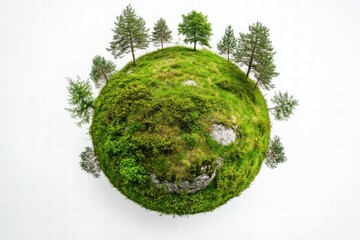 Aerial View of a Tiny Green Planet Surrounded by Vibrant Trees and Lush Grass Depicting Nature's Beauty and Ecosystem Diversity in a Miniature Format