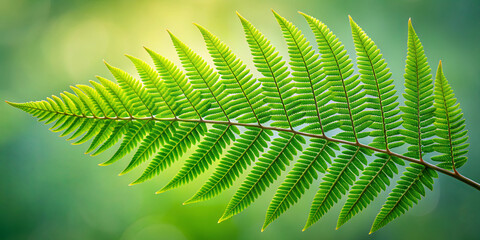 A vibrant green fern leaf stretches outward, showcasing its detailed fronds. Gentle sunlight filters through, highlighting the leaf's texture in a tranquil garden environment