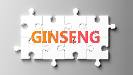 Ginseng complex like a puzzle - pictured as word ginseng on a puzzle pieces to show that ginseng is complex and needs cooperating pieces that fit together. ,3d illustration