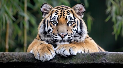 Naklejka premium A young tiger rests its large paws on a stone ledge while looking directly forward against a soft green bamboo background.