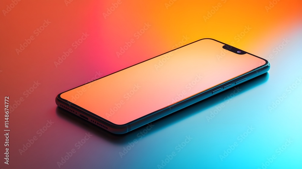 Poster modern smartphone with a blank screen on a gradient background of orange and blue hues ideal for tec